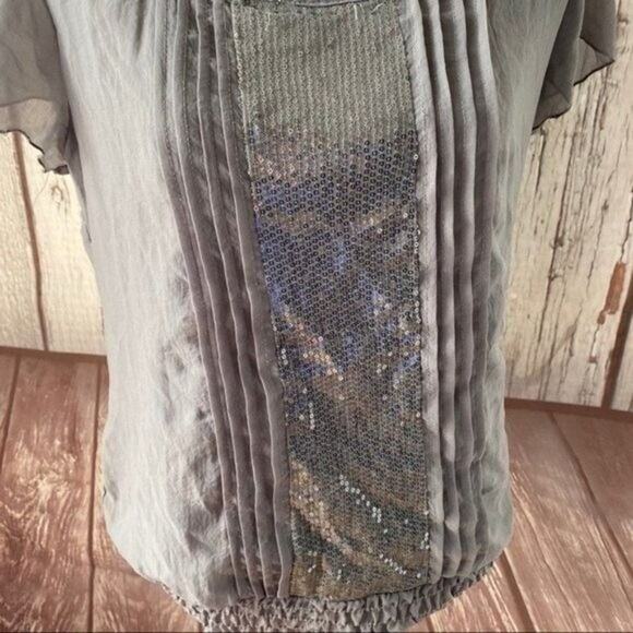 Studio Y Blouse Top Womens Large Gray Pleated Sequin Chiffon Office Capsule - Picture 7 of 13